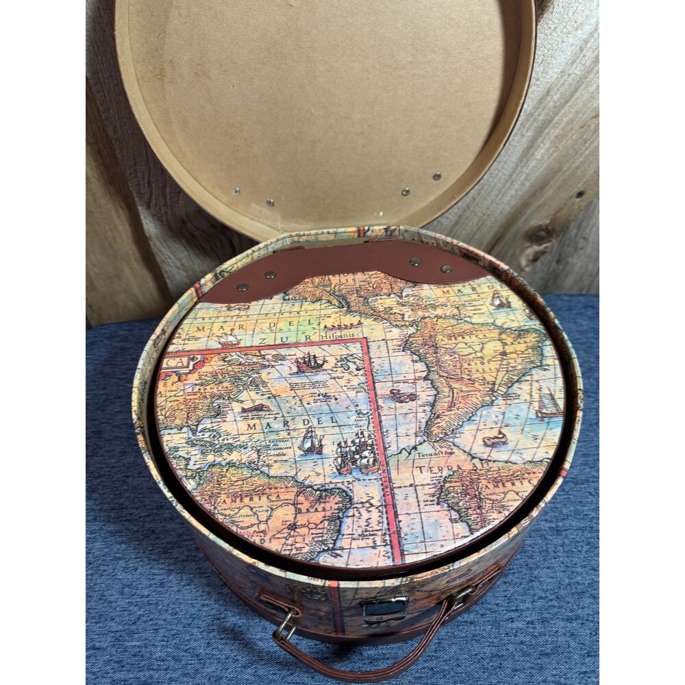 Vintage Old World Map Cardboard Nesting Hatbox Storage Metal Push Lock Accents - Picture 6 of 13